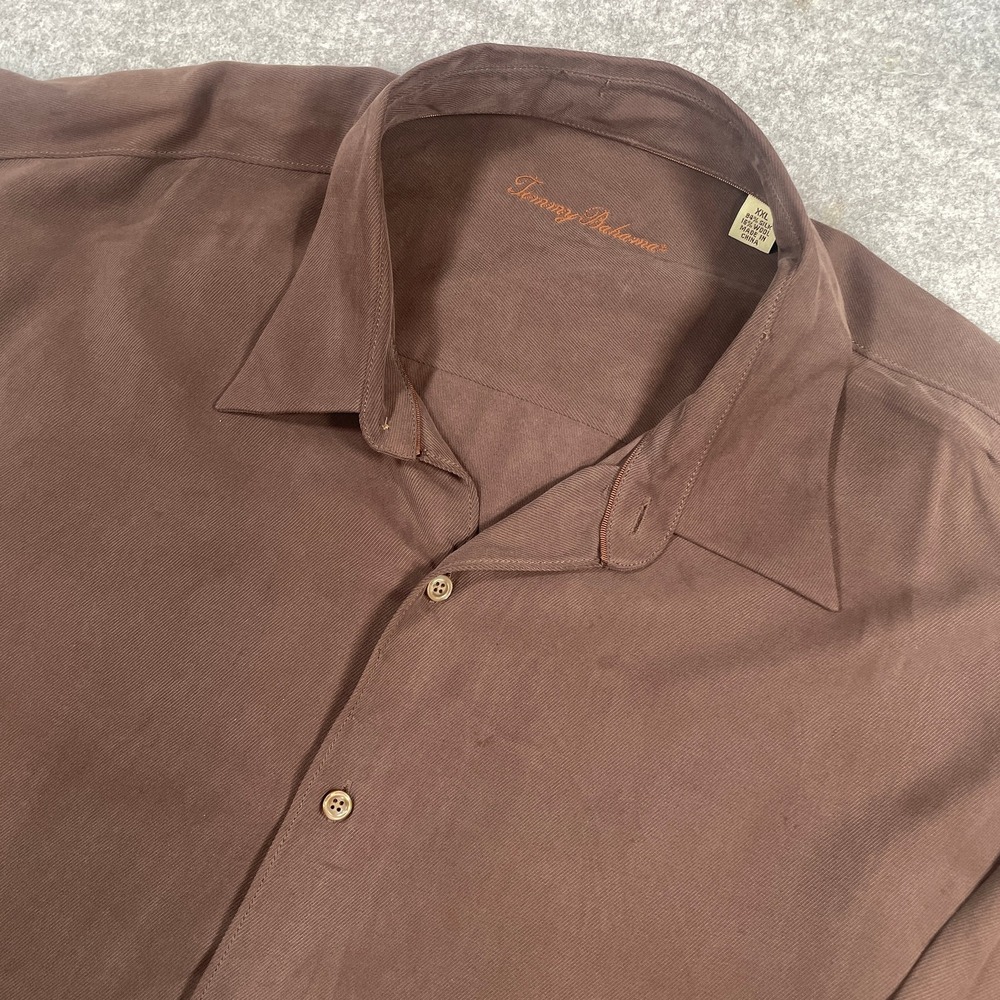Tommy Bahama Mens Button Down Shirt XXL Brown Silk Wool Blend Long Sleeve Solid